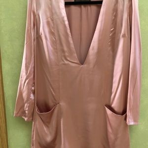 Reformation Pink Silk Long Sleeve V Neck Dress